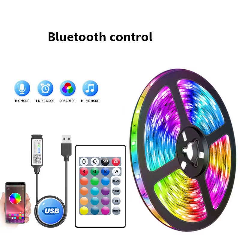 Bluetooth RGB 5050 LED Strip Light, 1M-30M Flexible Tape for TV and Desktop Screen Backlighting, 5V Diode Ribbon Lights