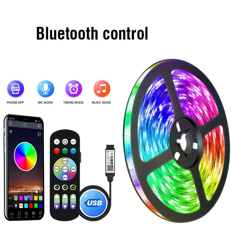 Bluetooth RGB 5050 LED Strip Light, 1M-30M Flexible Tape for TV and Desktop Screen Backlighting, 5V Diode Ribbon Lights