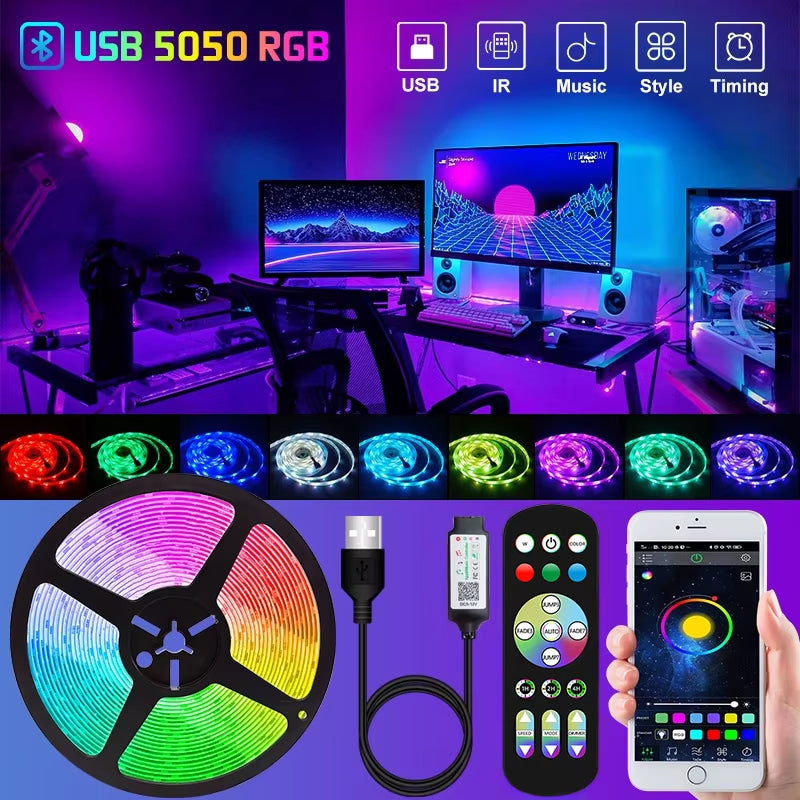 Bluetooth RGB 5050 LED Strip Light, 1M-30M Flexible Tape for TV and Desktop Screen Backlighting, 5V Diode Ribbon Lights