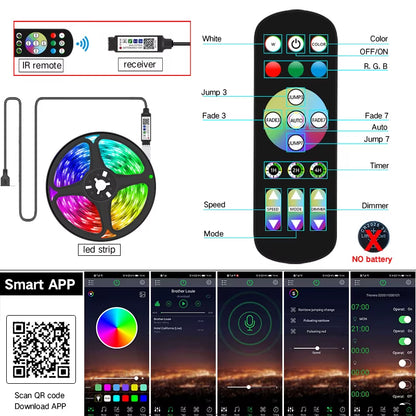 Bluetooth RGB 5050 LED Strip Light, 1M-30M Flexible Tape for TV and Desktop Screen Backlighting, 5V Diode Ribbon Lights