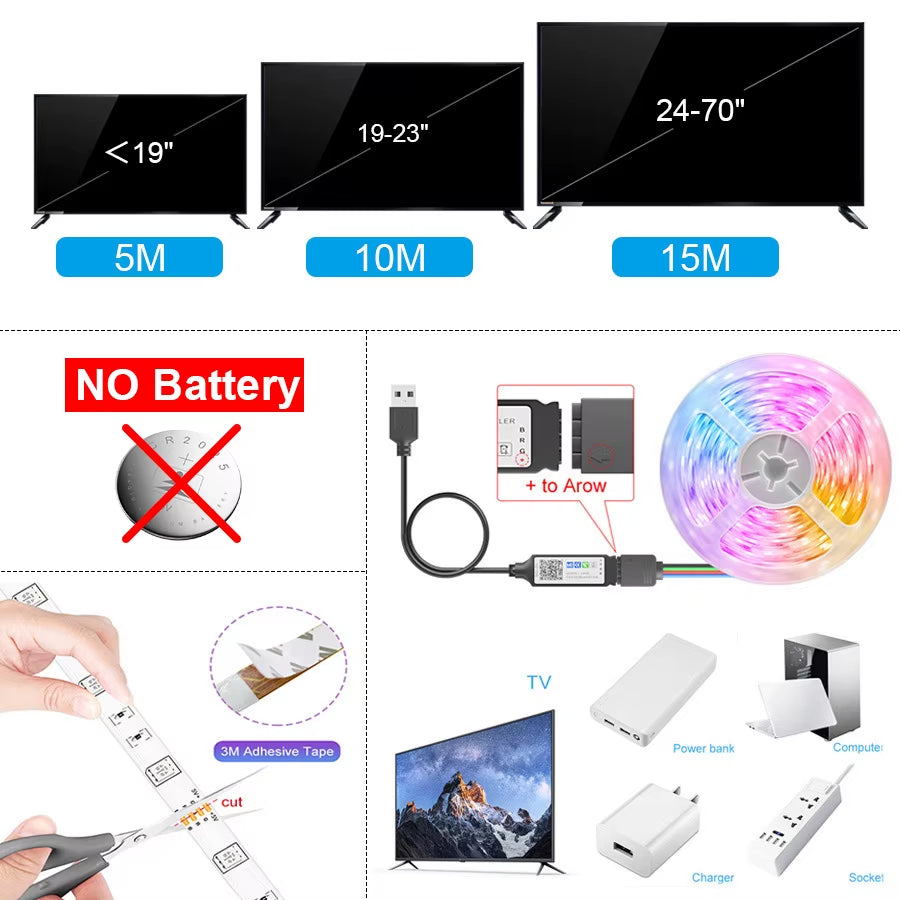 Bluetooth RGB 5050 LED Strip Light, 1M-30M Flexible Tape for TV and Desktop Screen Backlighting, 5V Diode Ribbon Lights